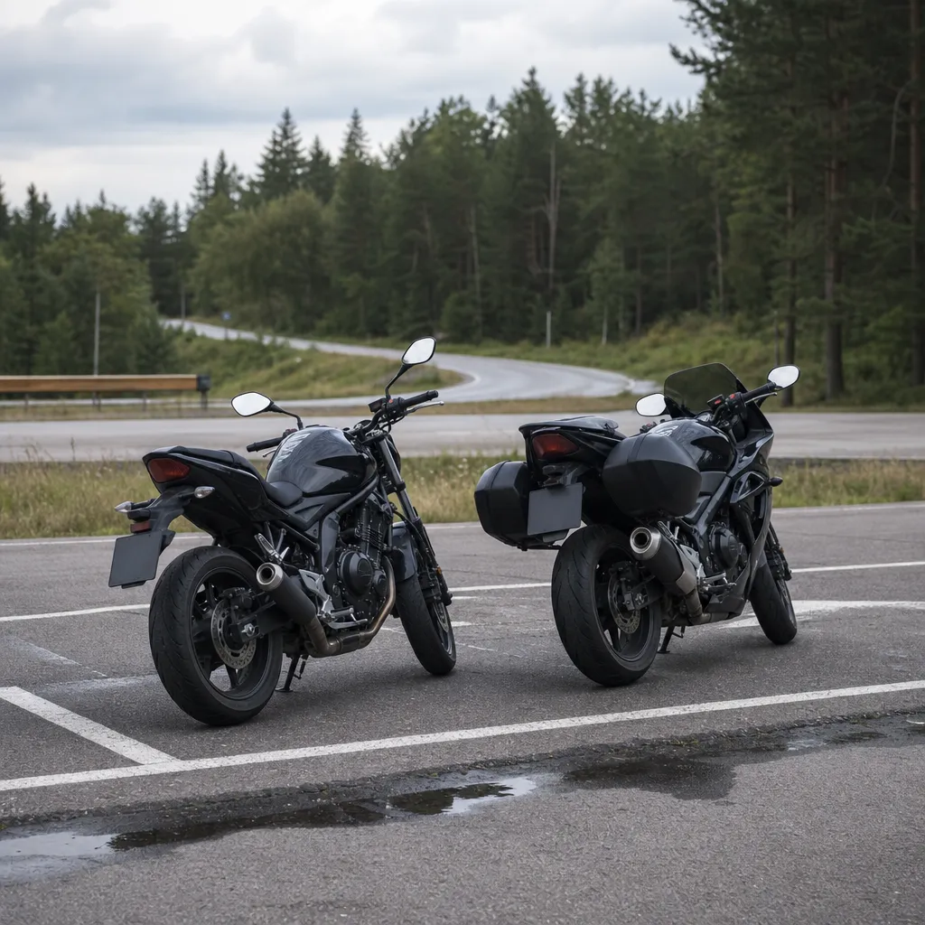 Två motorcyklar parkerade på asfalt i kvällsljus