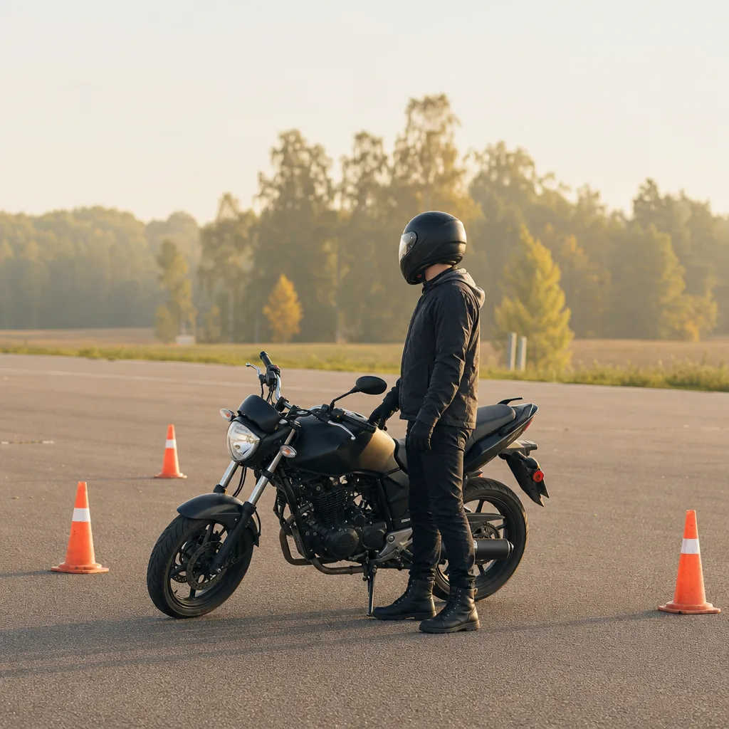 Yngre förare på lätt motorcykel på övningsbana