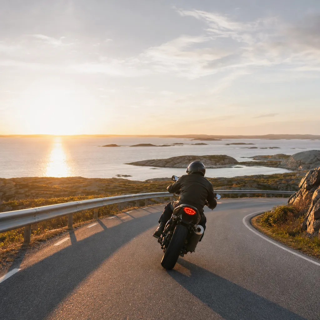 Mellanstor motorcykel på svensk kustväg