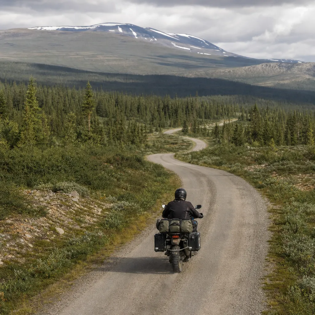 Adventure-MC med bagage på grusväg mot fjäll