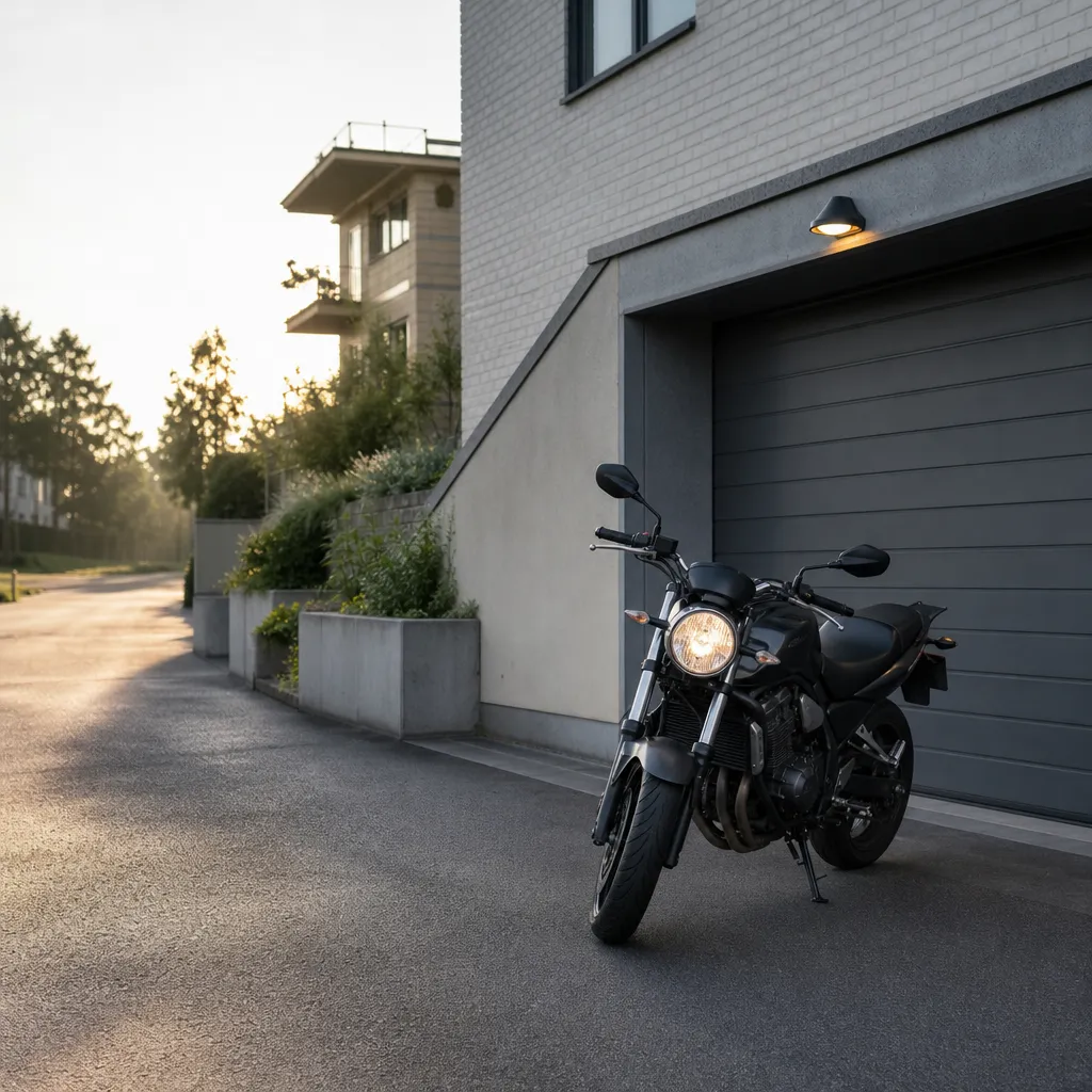 Parkerad motorcykel på garageinfart