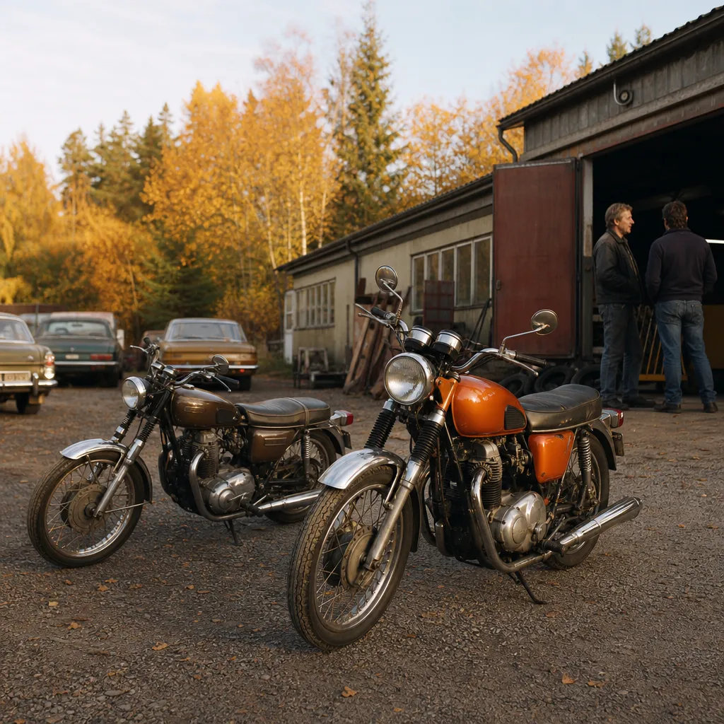 Vintage MC-parkering vid svensk verkstad