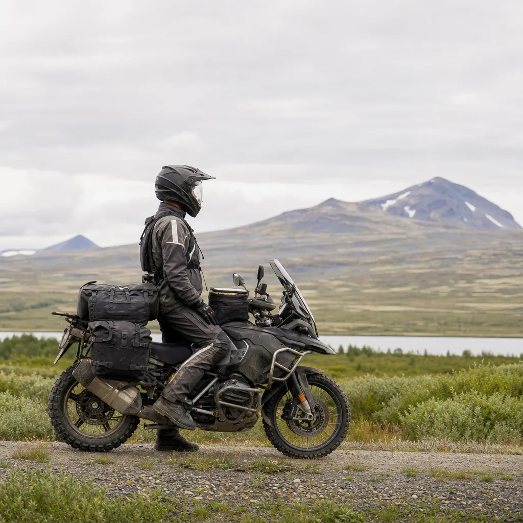 Adventure-motorcykel på grusväg i fjällen