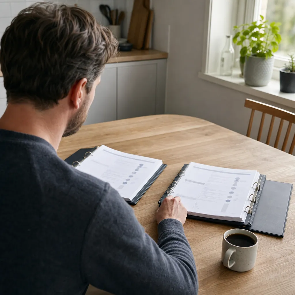 Person granskar två försäkringspärmar på köksbord