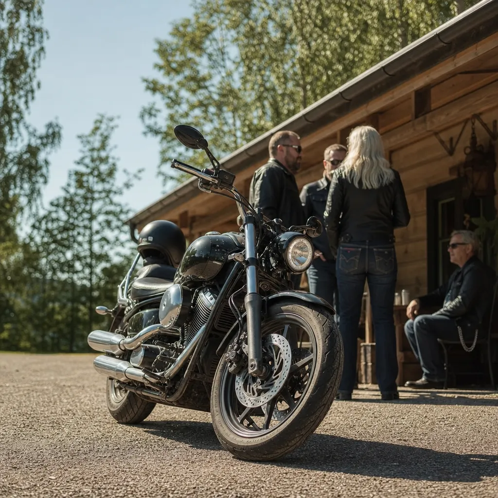 Cruiser-motorcykel utanför svensk biker-bar