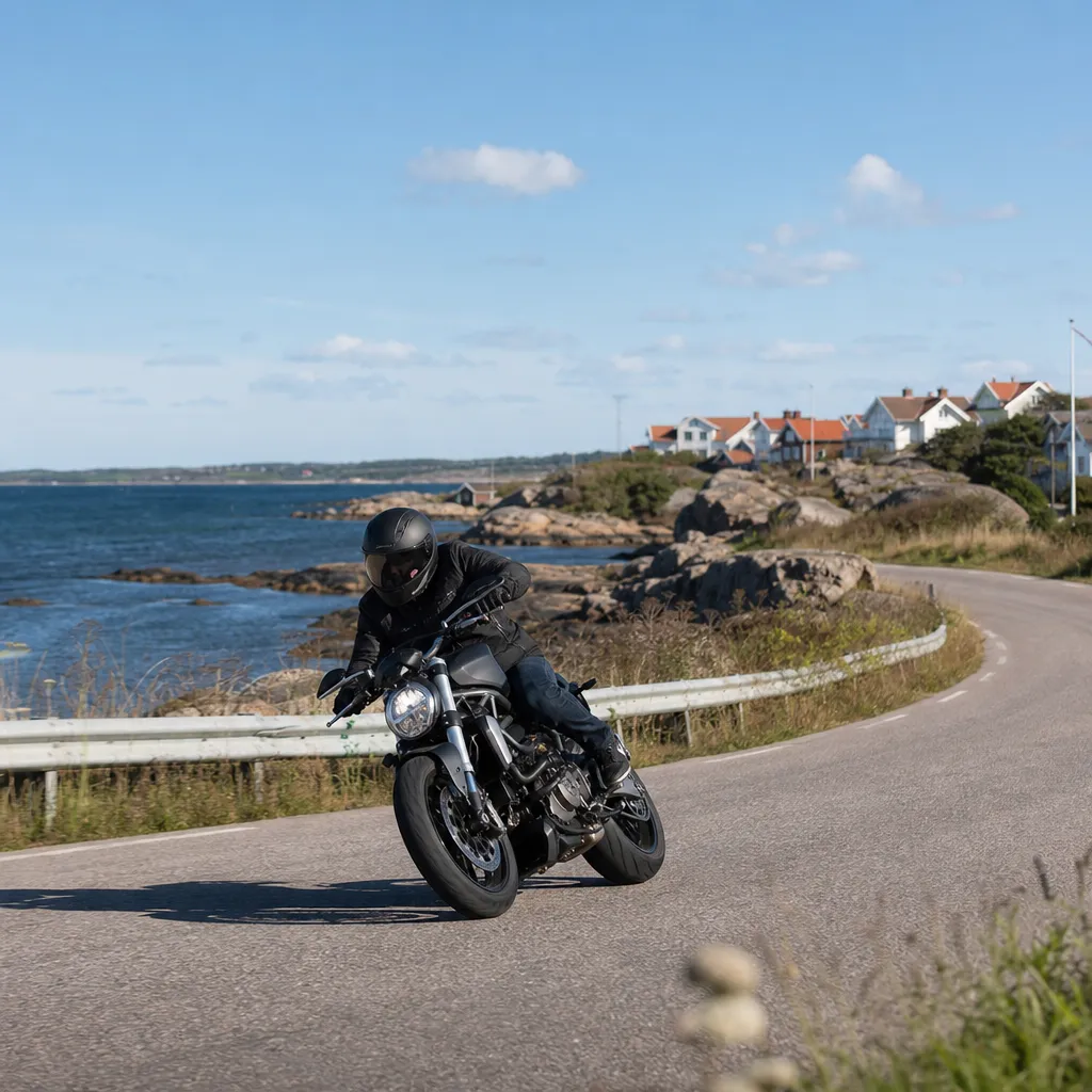 Sport-naked på kustvägs-kurva