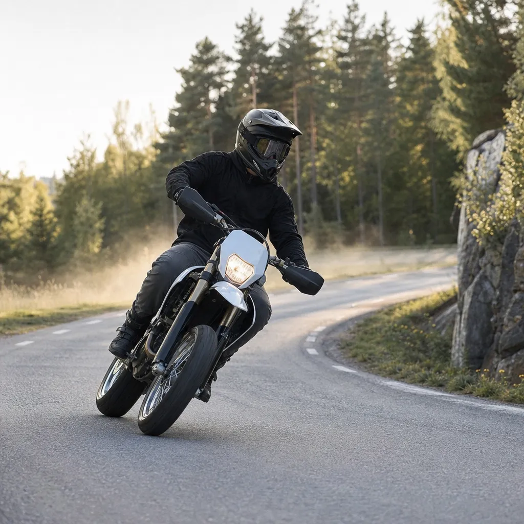 Supermoto-motorcykel på kurvig skogsväg