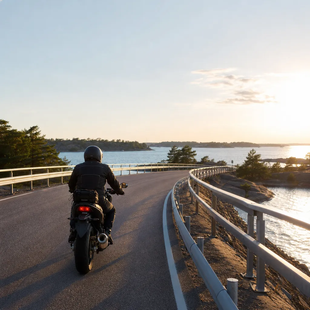 Motorcykel på bro över svenskt vatten