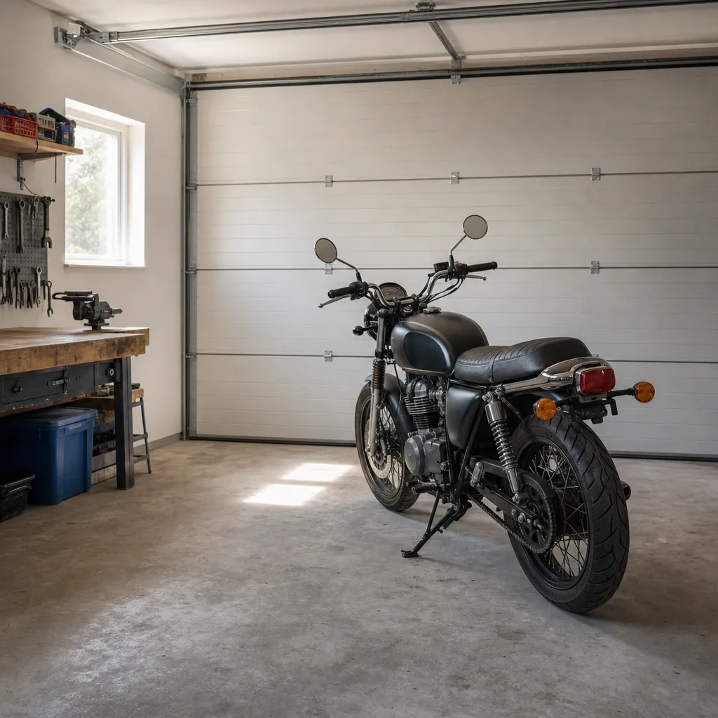 Insida av garage med stängd port