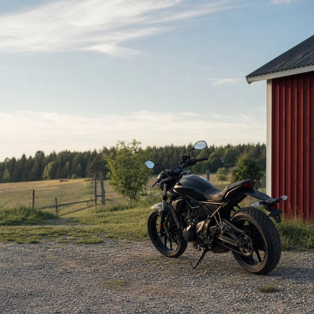 Parkerad MC på grusplan vid svensk byamiljö