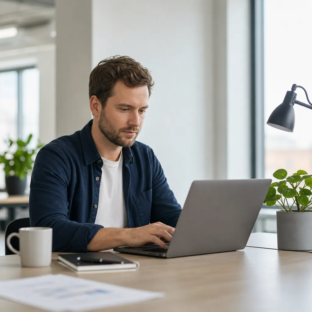 Modernt kontorslandskap med laptop och graf