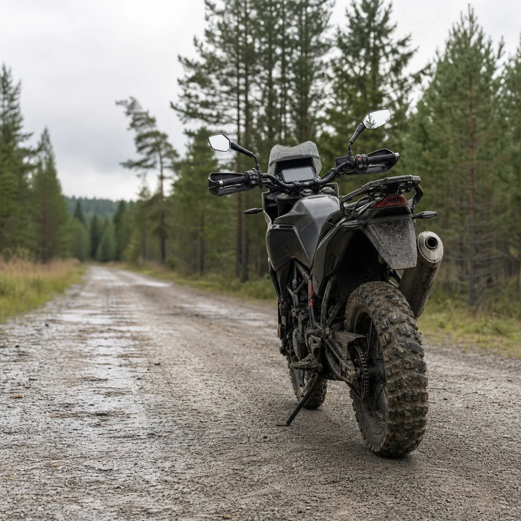 Enduro/adventure-MC på grusplan i skog
