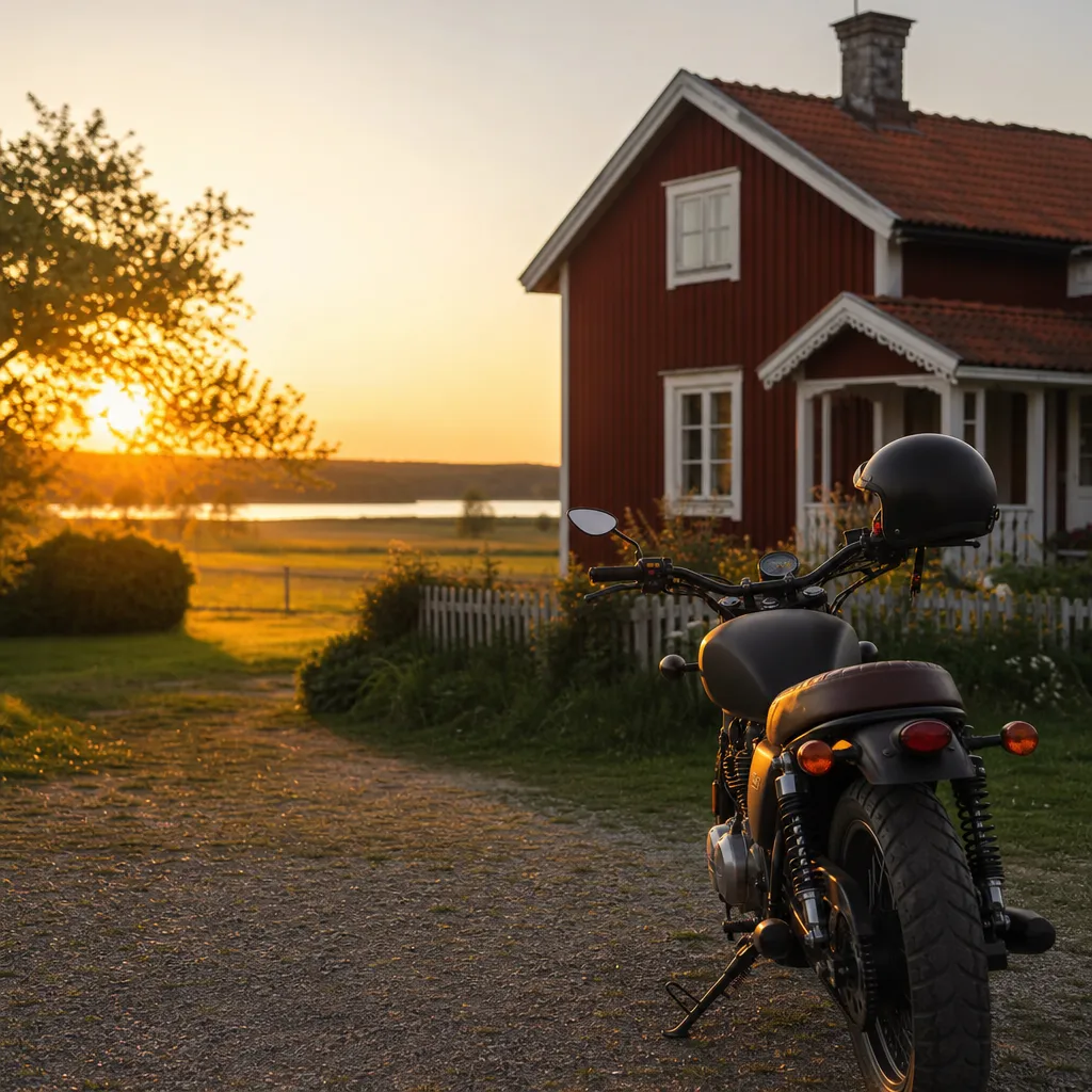Svensk bygdebild med trähus och MC
