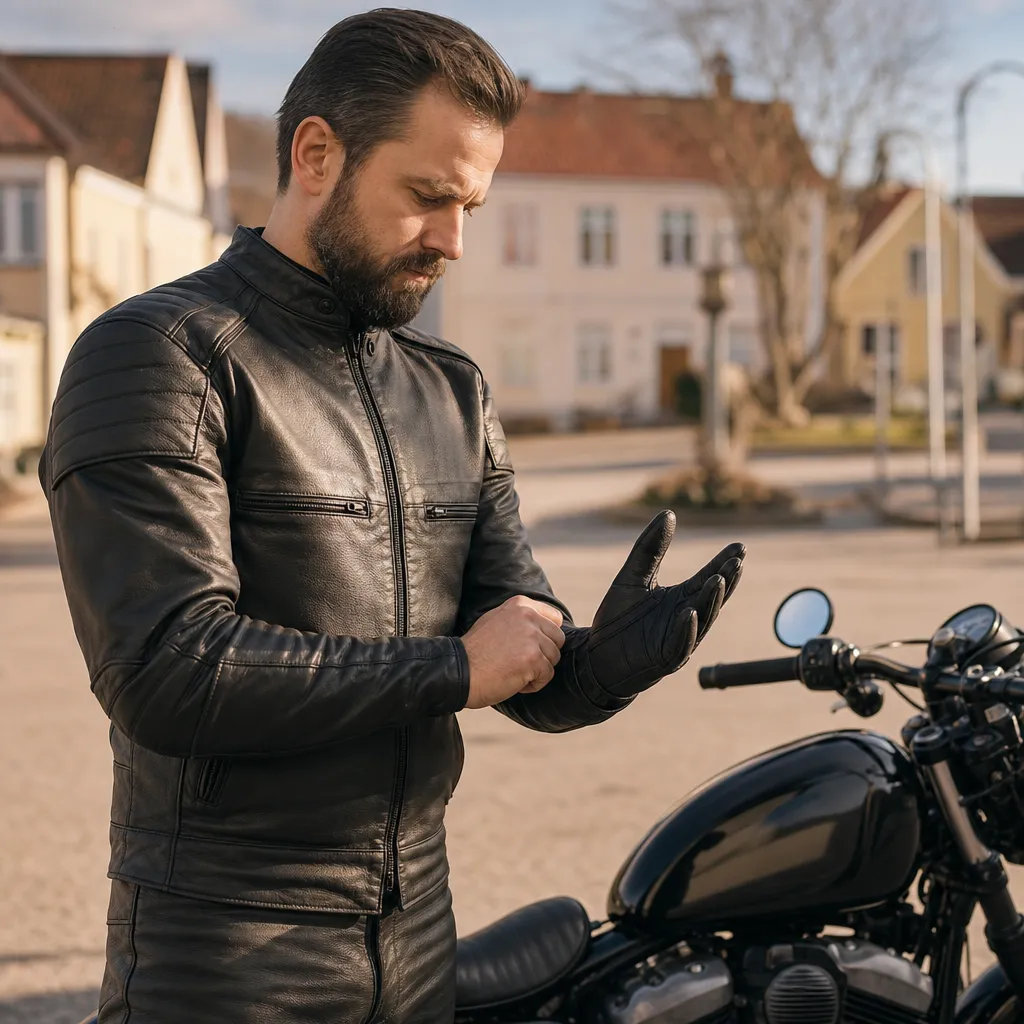Motorcyklist sätter på sig handskar vid hojen
