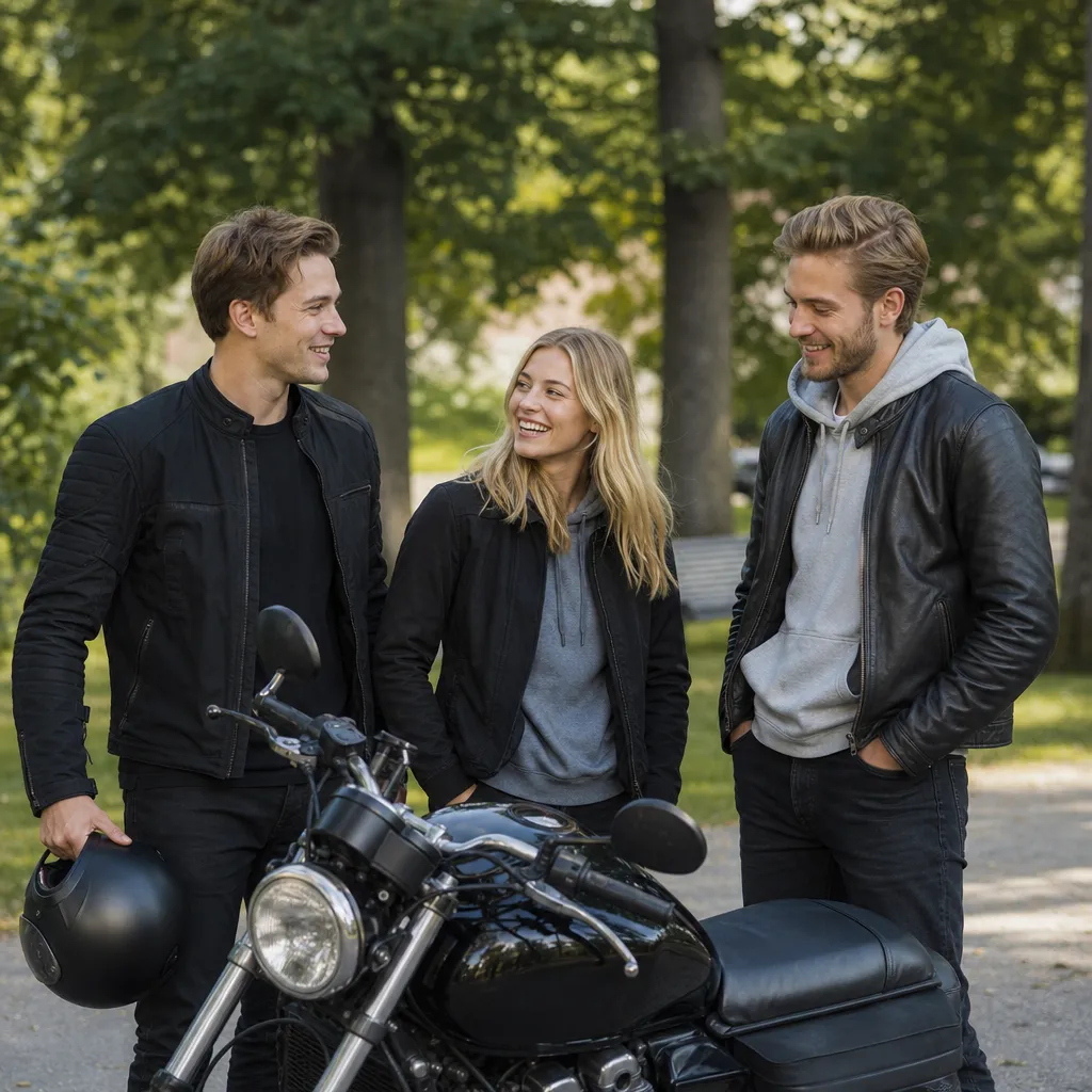 Grupp yngre vuxna runt en motorcykel i stadspark