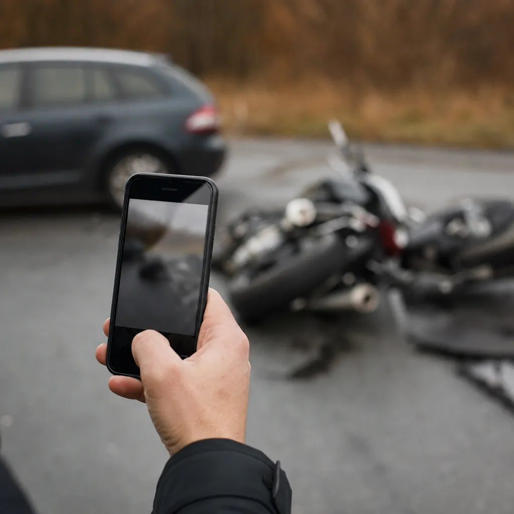Hand som fotograferar med mobil vid olycksplats