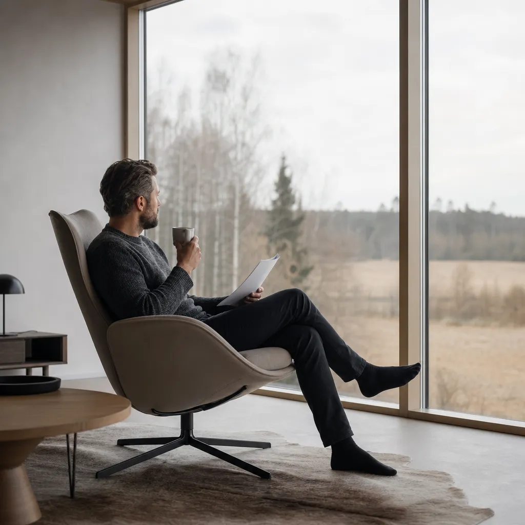 Modern interiör med fönster och designstol