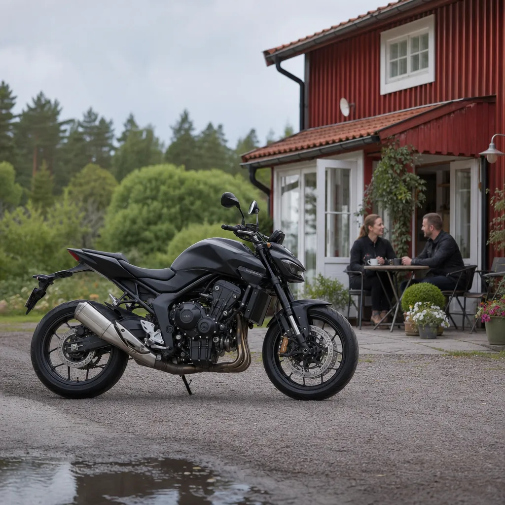 Naked-motorcykel vid bygdens kafé