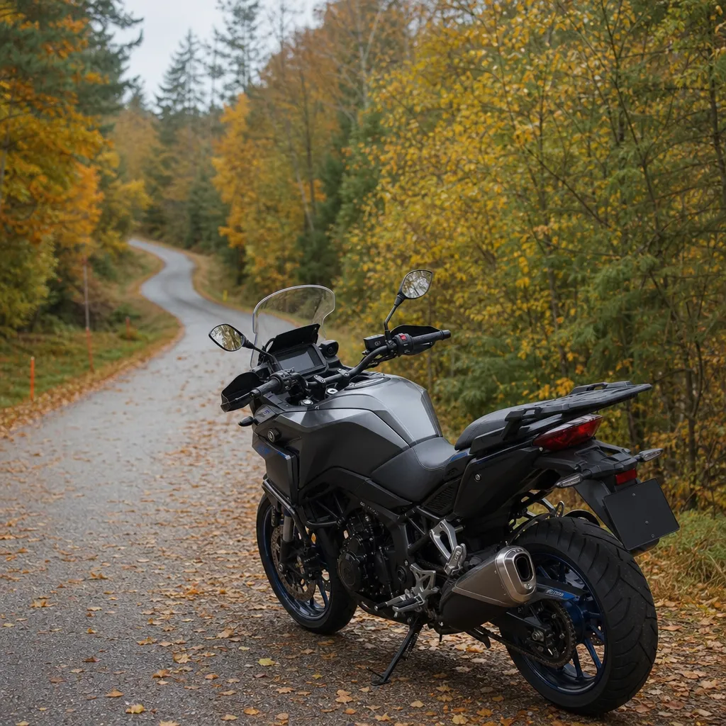 Sport-touring vid svensk skogsväg i höstfärger