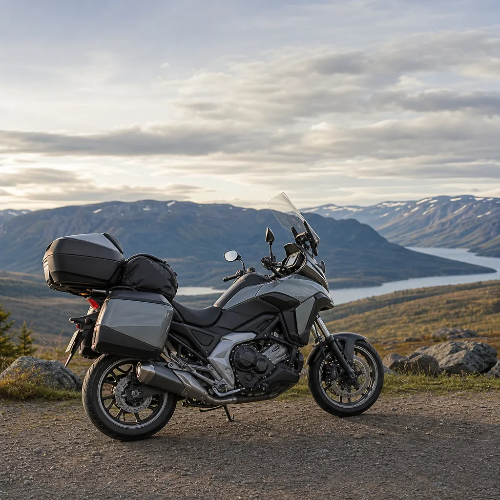 Touring-MC med bagage vid utsiktsplats i fjällen