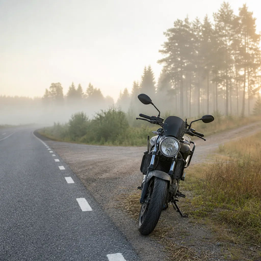 Parkerad MC vid svensk landsväg i morgonljus