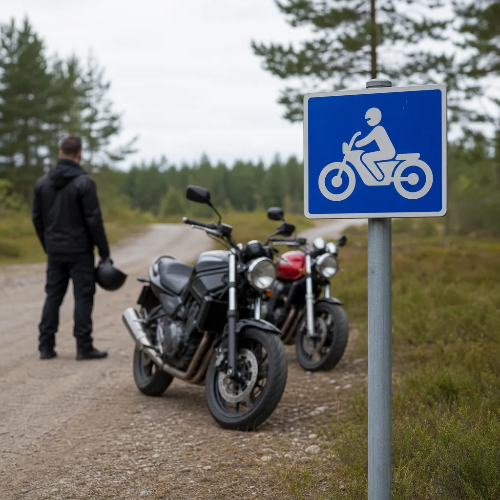 Vägskylt-stolpe vid grusväg med parkerade MC
