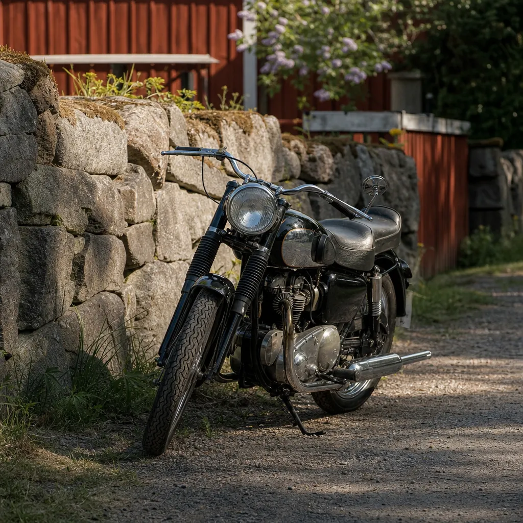Klassisk motorcykel framför svensk stenmur