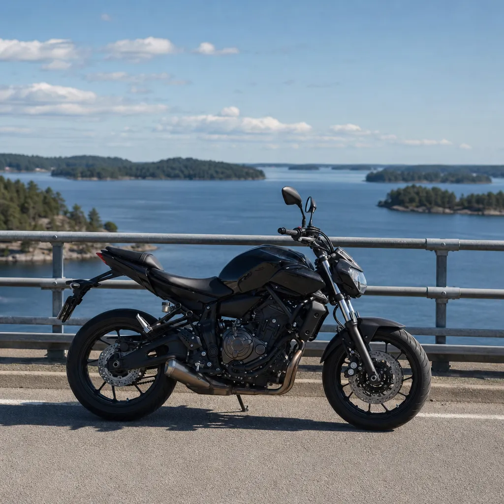 Naked-motorcykel på bro över Stockholmsskärgården